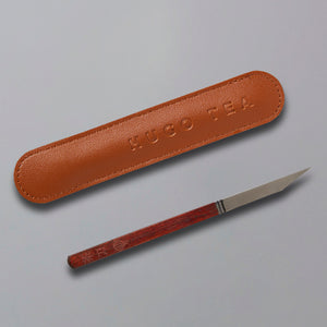 Tea Knife HUGO with rosewood handle and stainless steel blade, shown with brown leather protective case