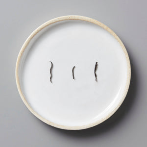 Anshun Jin Jun Mei black tea buds displayed on white ceramic plate with beige rim