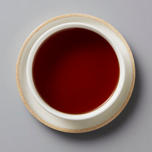 2023 Yard Beer chenpi shou puer tea with deep red liquor in white ceramic cup, top-down view