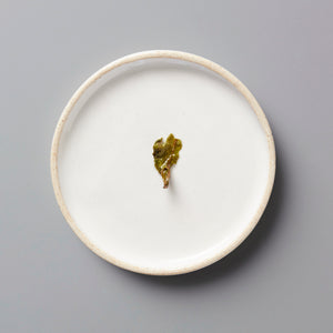 Nepal Prathama white tea leaf on round white ceramic plate against gray background