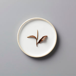 Ma Wei Moonlight white tea leaves delicately arranged on pristine white ceramic plate showing natural bud and leaf detail