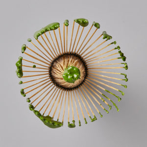 Chasen Tanimura matcha whisk with bright green matcha powder on bamboo tines viewed from above