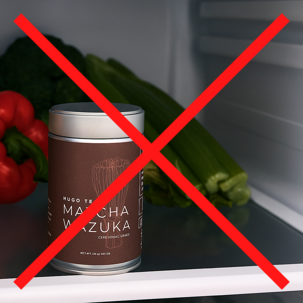A tin of Matcha Wazuka tea inside a fridge surrounded by vegetables, marked with a red X, signaling that it shouldn't be refrigerated.
