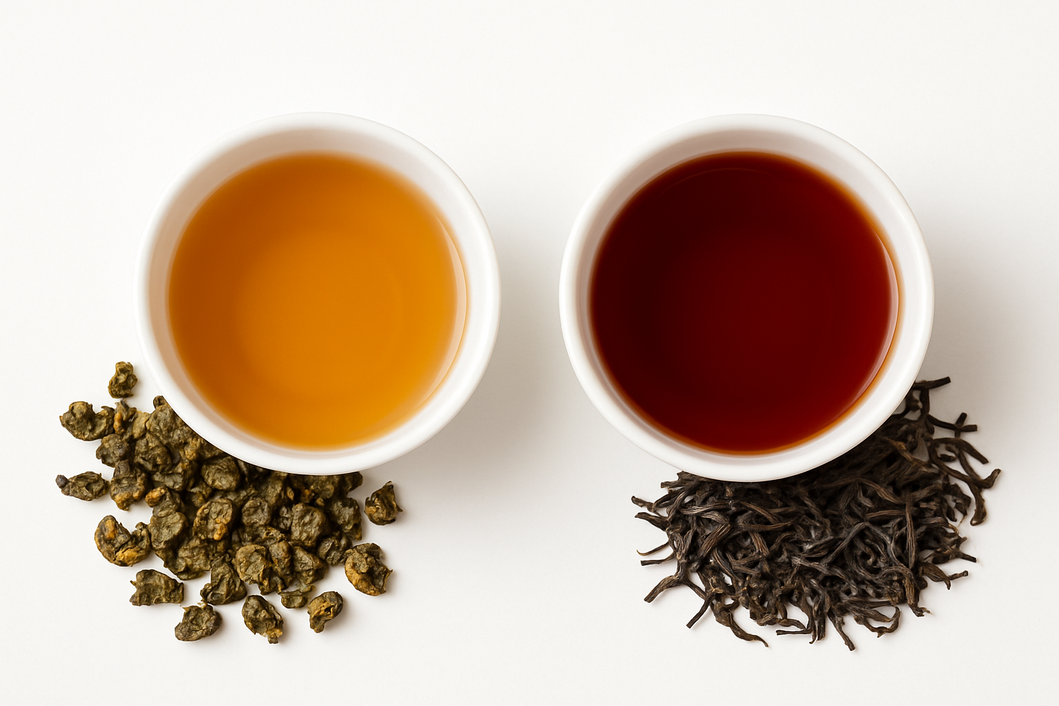 Side-by-side cups of brewed oolong tea and black tea with their loose leaves on a white background, showing color and oxidation differences.