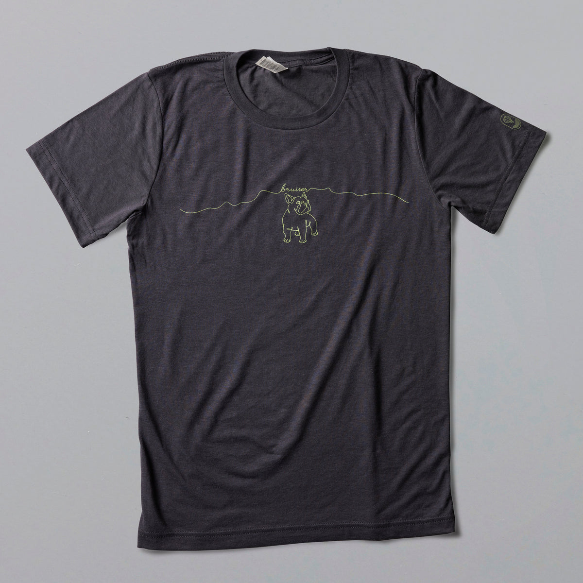 Bruiser Tee matte black t-shirt with minimalist green dog line art design on front