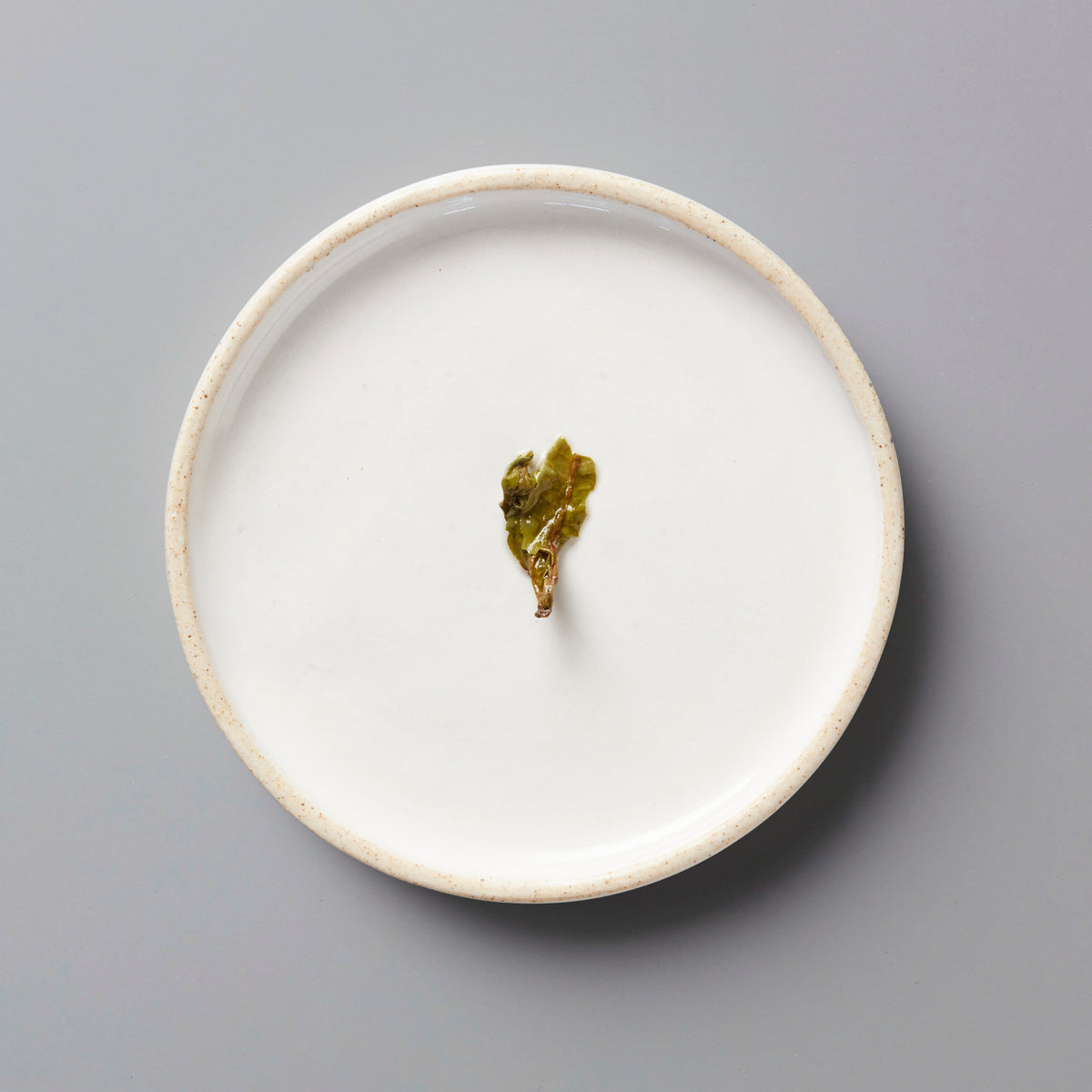 Nepal Prathama white tea leaf on round white ceramic plate against gray background